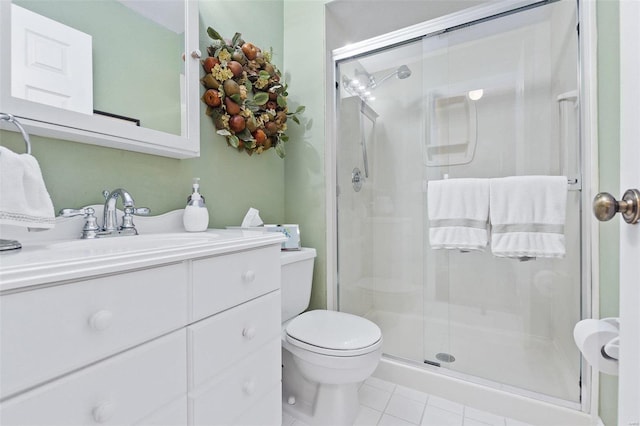 bathroom with toilet, tile patterned floors, vanity, and a shower stall