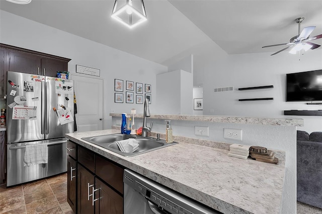 kitchen featuring a sink, dark brown cabinetry, visible vents, ceiling fan, and appliances with stainless steel finishes