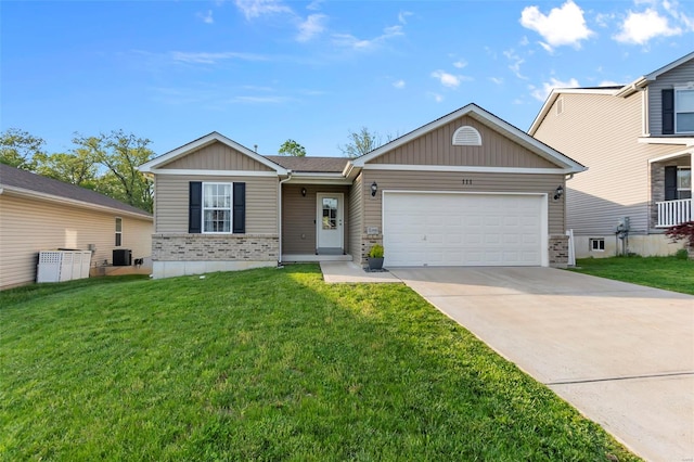 ranch-style house with concrete driveway, board and batten siding, a front lawn, and a garage