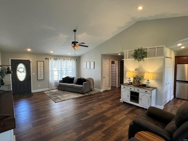 living area with vaulted ceiling, ceiling fan, baseboards, and recessed lighting