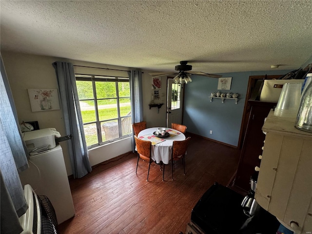 dining area featuring ceiling fan, a textured ceiling, and wood finished floors