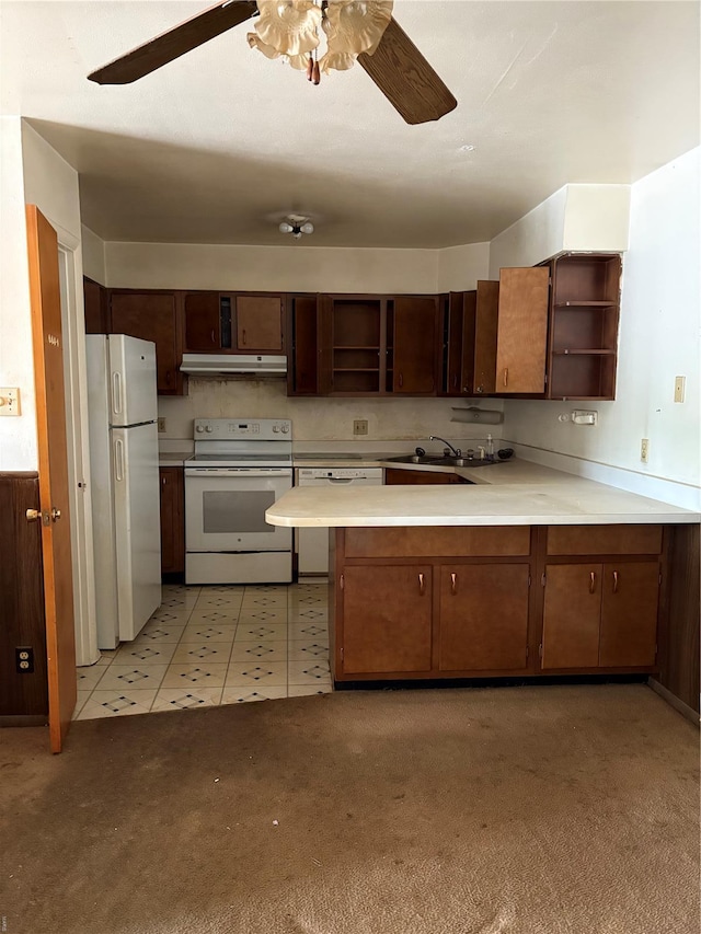 kitchen featuring under cabinet range hood, ceiling fan, open shelves, and white appliances