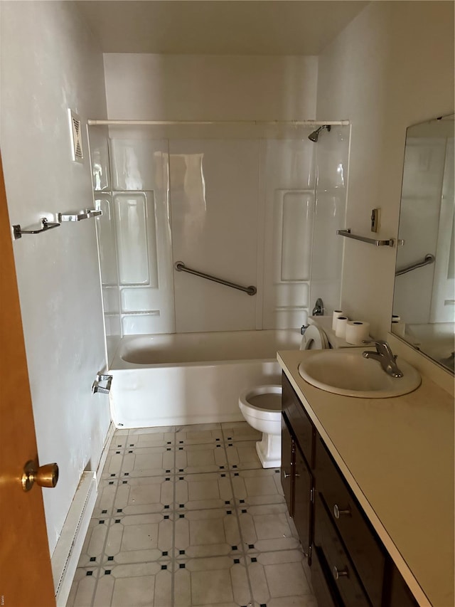 bathroom with vanity, shower / bathtub combination, toilet, and tile patterned floors