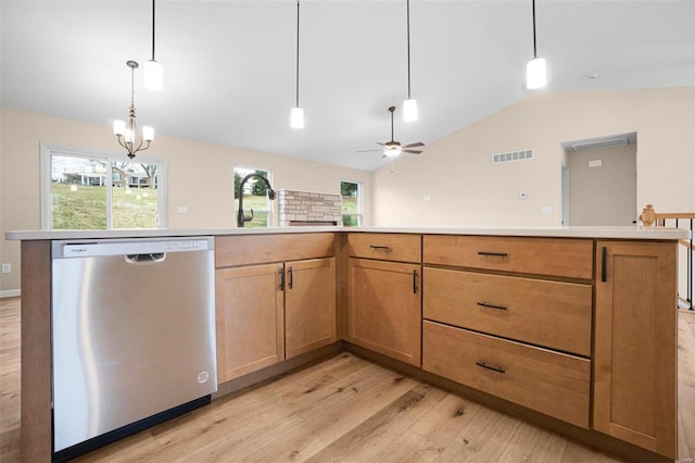 kitchen featuring dishwasher, ceiling fan, visible vents, vaulted ceiling, and light wood-style floors