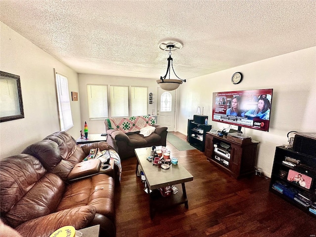 living area featuring plenty of natural light, dark wood-type flooring, and a textured ceiling