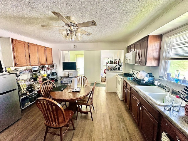 kitchen featuring a sink, a textured ceiling, ceiling fan, white appliances, and dark wood-style floors