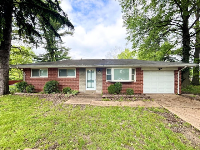 ranch-style house with concrete driveway, brick siding, a front yard, and a garage