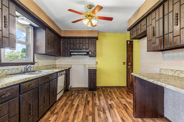 kitchen with dishwasher, exhaust hood, a sink, dark brown cabinets, and dark wood-style floors