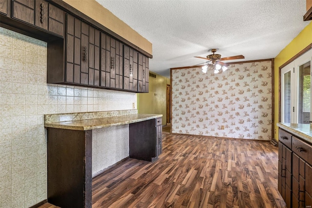 kitchen with dark wood-style flooring, dark brown cabinets, a ceiling fan, a textured ceiling, and light countertops
