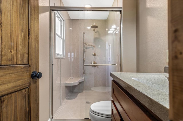 full bathroom featuring toilet, a shower stall, and vanity