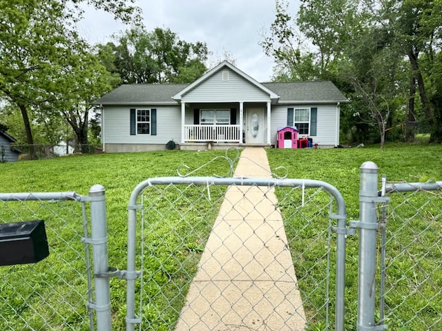 ranch-style home with a porch, a gate, and roof with shingles