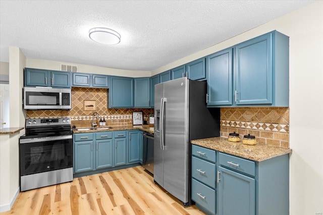 kitchen with appliances with stainless steel finishes, a sink, blue cabinets, light wood-type flooring, and a textured ceiling