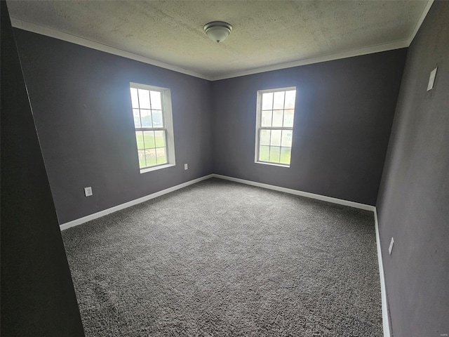 spare room featuring crown molding, a textured ceiling, carpet, and baseboards