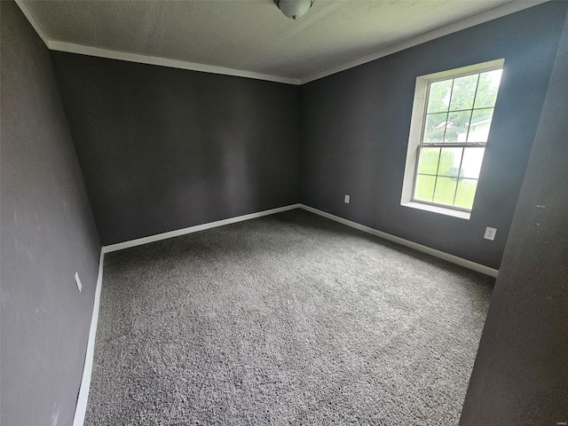 carpeted empty room with baseboards and crown molding