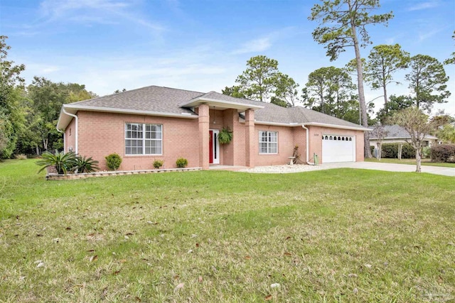 view of front of house with a garage, brick siding, driveway, roof with shingles, and a front yard