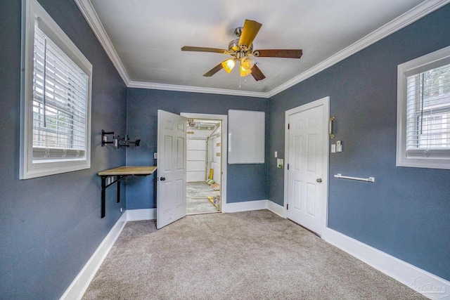 interior space featuring ceiling fan and ornamental molding