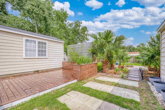 view of yard with a deck and a patio