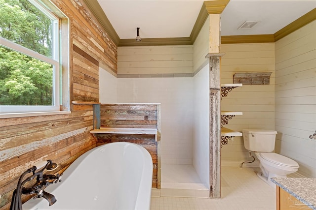 bathroom featuring wooden walls, ornamental molding, and toilet