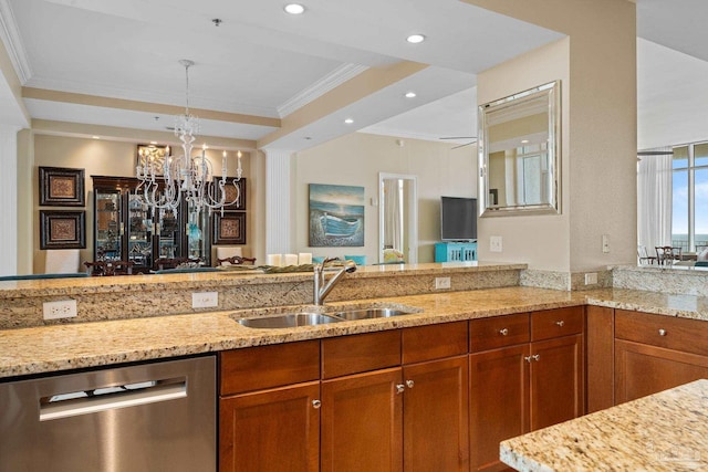 kitchen featuring light stone countertops, dishwasher, sink, an inviting chandelier, and ornamental molding