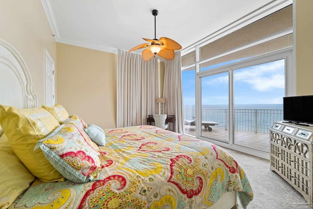 bedroom with ceiling fan, access to exterior, carpet floors, and crown molding