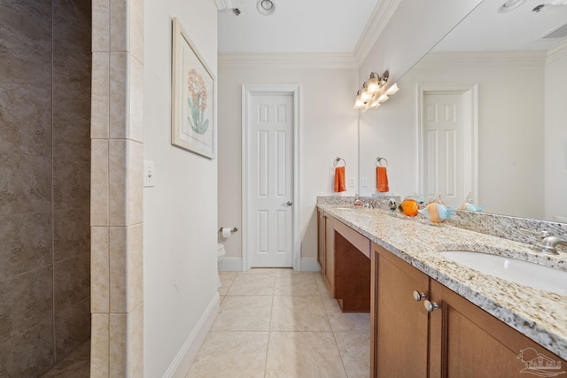 bathroom with tile patterned flooring, a shower, toilet, vanity, and ornamental molding