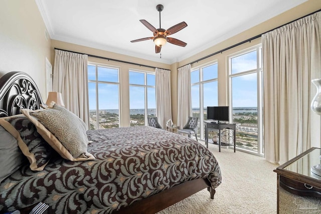 carpeted bedroom featuring ceiling fan, ornamental molding, and multiple windows