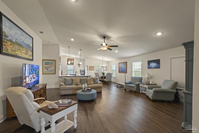 6319 Red Pepper Dr, Gulf Breeze, FL 32563 - living room featuring dark wood-style floors, a ceiling fan, baseboards, recessed lighting, and lofted ceiling