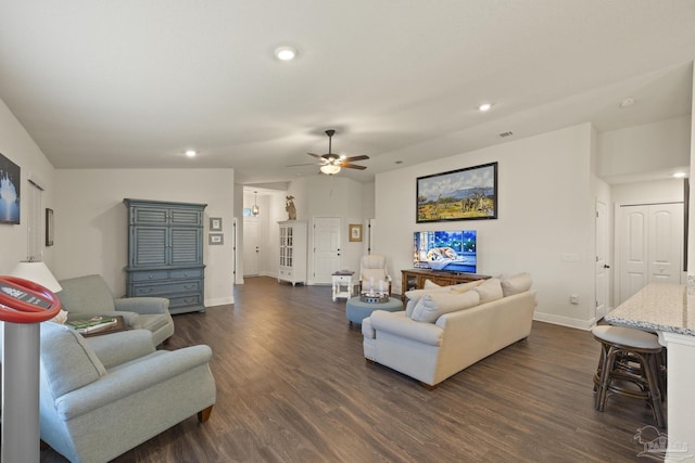 6319 Red Pepper Dr, Gulf Breeze, FL 32563 - living room with baseboards, dark wood-style flooring, ceiling fan, and recessed lighting