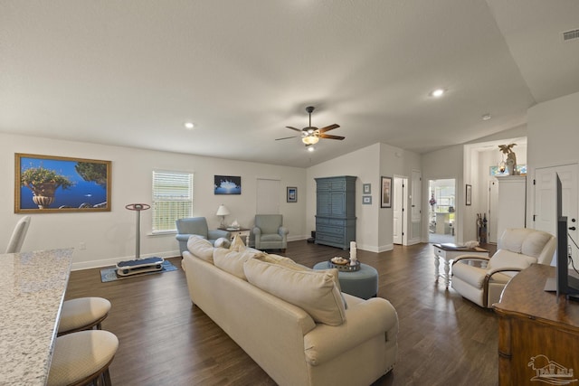 6319 Red Pepper Dr, Gulf Breeze, FL 32563 - living area featuring ceiling fan, vaulted ceiling, dark wood finished floors, baseboards, and recessed lighting