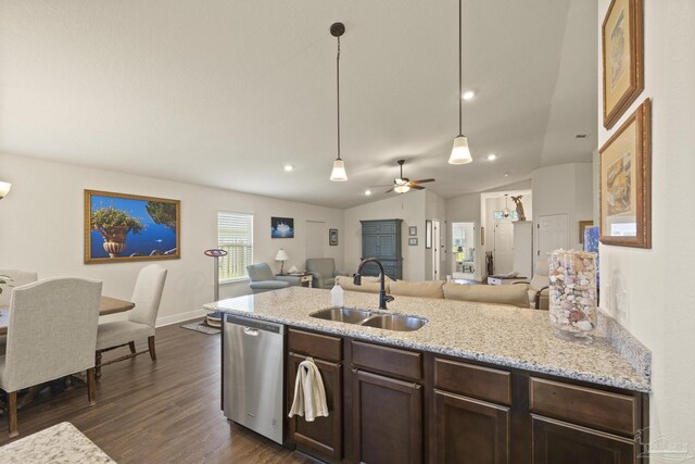 6319 Red Pepper Dr, Gulf Breeze, FL 32563 - kitchen with a sink, stainless steel dishwasher, dark wood-style floors, ceiling fan, and dark brown cabinets