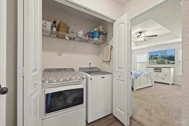6319 Red Pepper Dr, Gulf Breeze, FL 32563 - laundry area featuring separate washer and dryer, a ceiling fan, and dark colored carpet