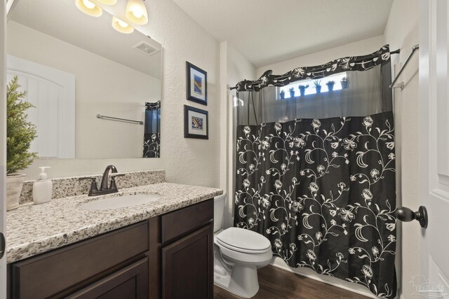 6319 Red Pepper Dr, Gulf Breeze, FL 32563 - bathroom with wood finished floors, toilet, vanity, and a shower with curtain