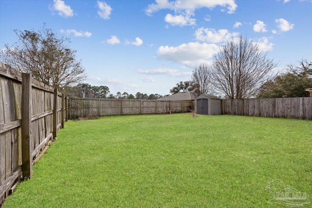 view of yard featuring a storage shed