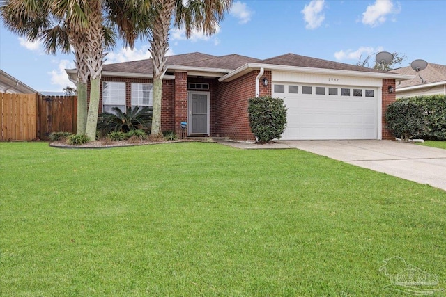 single story home with a garage and a front lawn