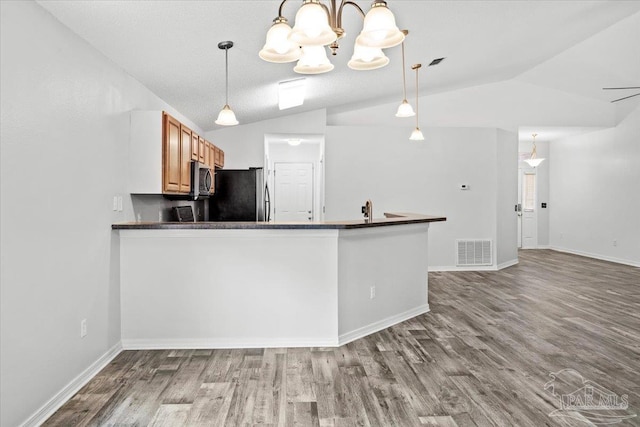 kitchen with stainless steel appliances, lofted ceiling, and hardwood / wood-style flooring