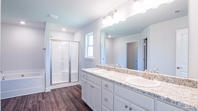 bathroom with hardwood / wood-style flooring, plus walk in shower, and vanity