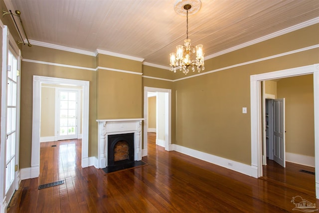 905 N Barcelona St, Pensacola, FL 32501 - unfurnished living room featuring dark wood-style floors, ornamental molding, a chandelier, baseboards, and a fireplace with flush hearth