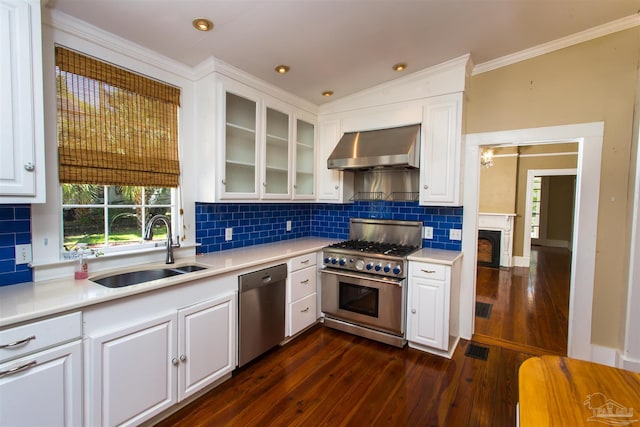 905 N Barcelona St, Pensacola, FL 32501 - kitchen with range hood, stainless steel appliances, a sink, light countertops, and crown molding
