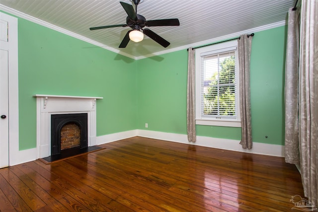 905 N Barcelona St, Pensacola, FL 32501 - unfurnished living room featuring hardwood / wood-style flooring, a fireplace, crown molding, ceiling fan, and baseboards