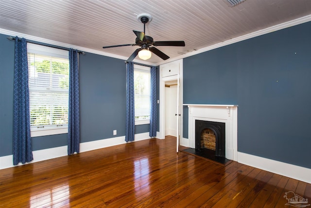905 N Barcelona St, Pensacola, FL 32501 - unfurnished living room with a fireplace, hardwood / wood-style floors, a ceiling fan, and ornamental molding