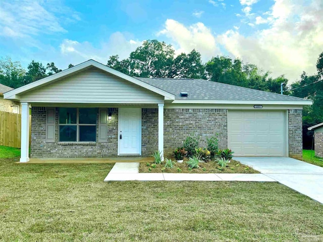 single story home featuring covered porch, a front yard, and a garage