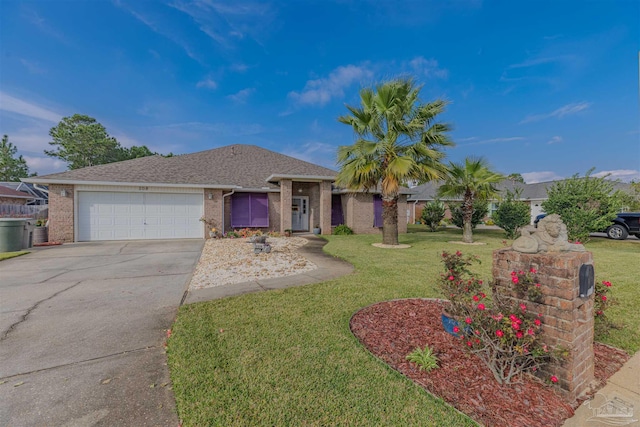 ranch-style home featuring a garage and a front lawn