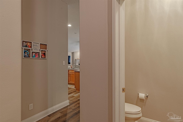 bathroom with hardwood / wood-style floors, vanity, and toilet