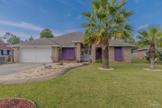 ranch-style house featuring a front lawn and a garage