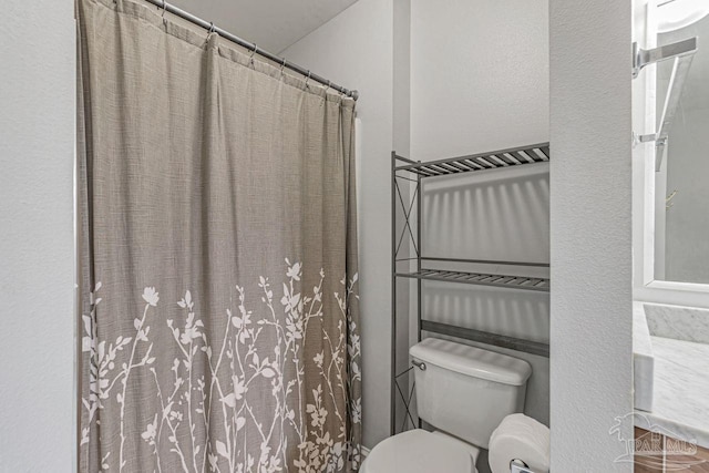 bathroom featuring toilet and a shower with shower curtain