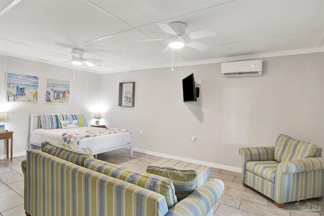 bedroom with ceiling fan, light tile patterned flooring, and a wall mounted air conditioner