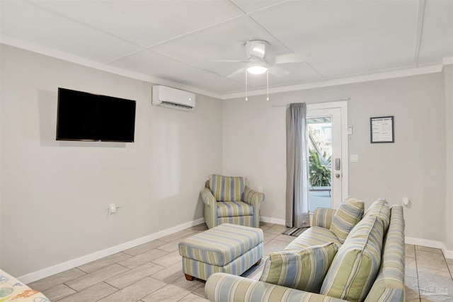 living room with ceiling fan, ornamental molding, and a wall mounted AC