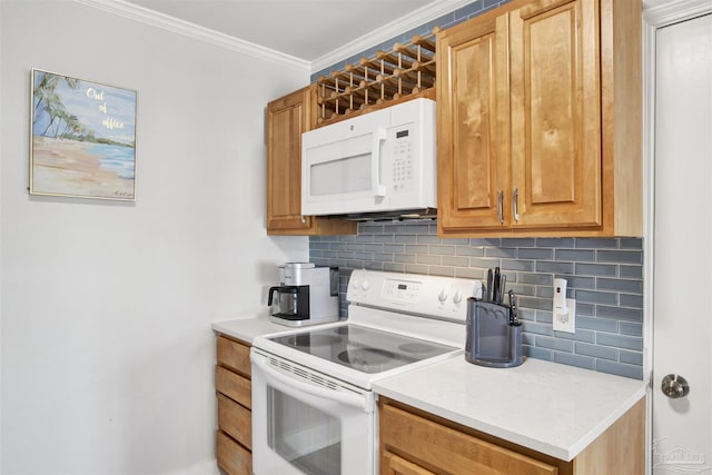 kitchen with backsplash, white appliances, and ornamental molding