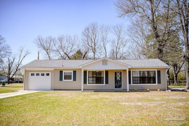 ranch-style house with a garage, driveway, roof with shingles, and a front yard