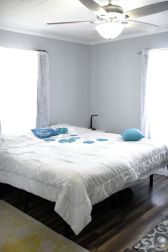 bedroom featuring ceiling fan, wood finished floors, and crown molding